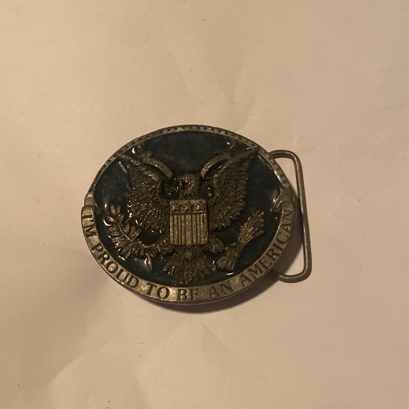 Bergamot Belt Buckle brass Works I’m proud to be an American 2.5×3” 1981 - Picture 2 of 7